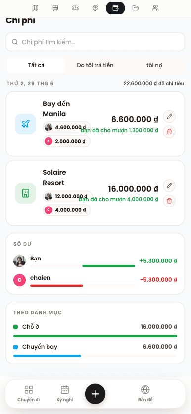 Mobile expense list for splitting group travel costs