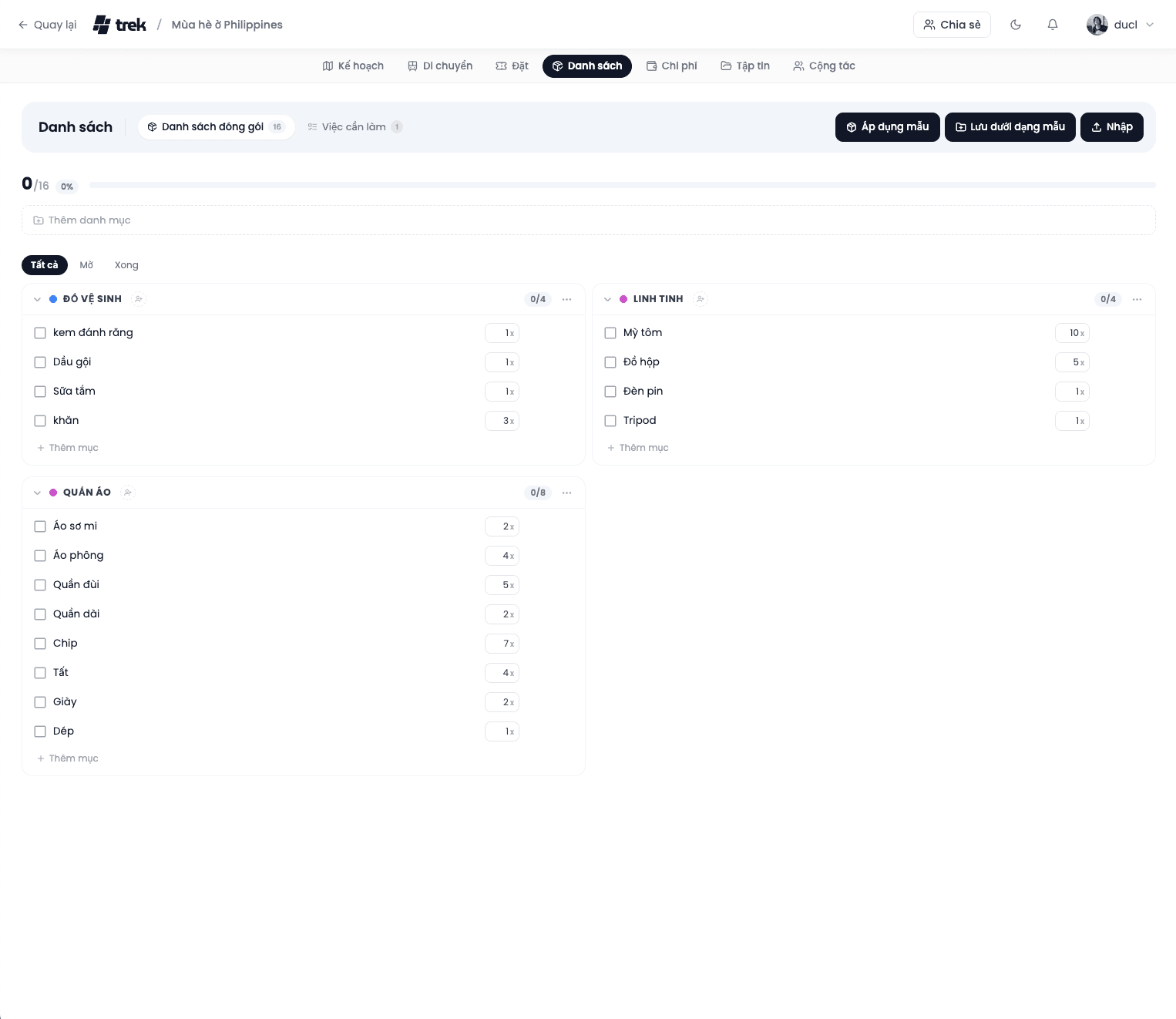 Packing list dashboard showing organized travel checklist categories and items