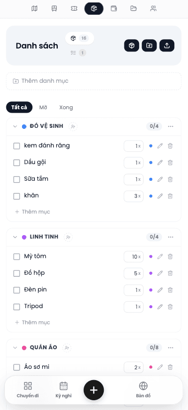 Mobile packing list screen showing predefined trip checklist templates