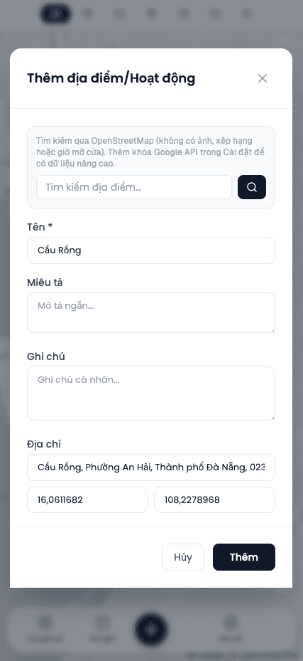 Bảng lịch trình chuyến đi với điểm đến và timeline